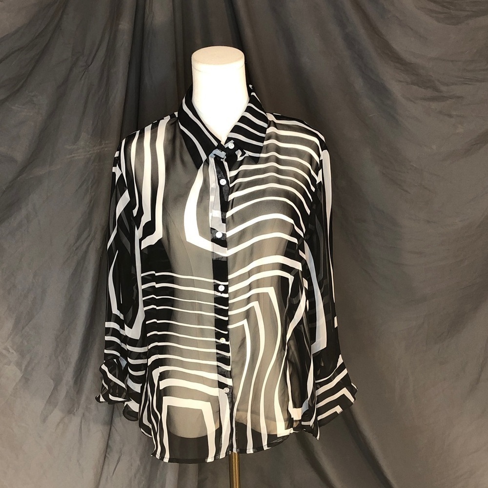 NICOLA Monochrome Sheer Geometric Blouse size Large or Extra Large